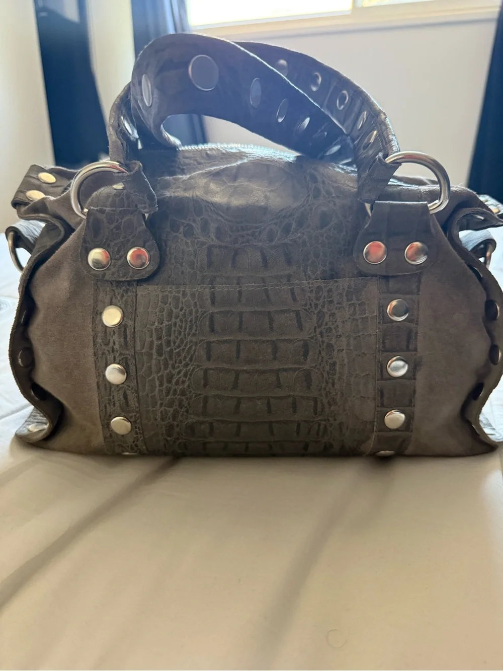 Hammitt Westwood Satchel in grey croc leather and suede